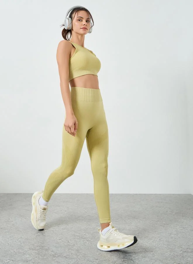 Styli Active Yellow Tonal Jacquard Low Back Sports Bra and Leggings Set