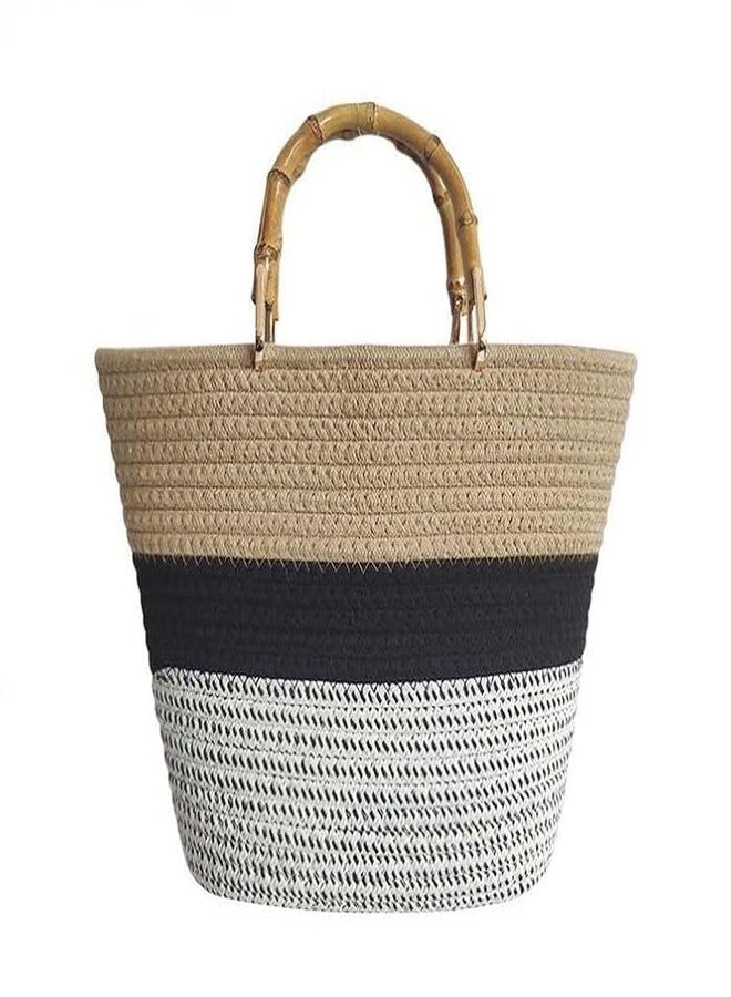 justhandmade Handwoven Jute Tote Bag for Women with Bamboo Handle | Stylish Eco-Friendly Shoulder Handbag | Large Capacity Shopping Beach Office Handbag for Ladies - Image 1