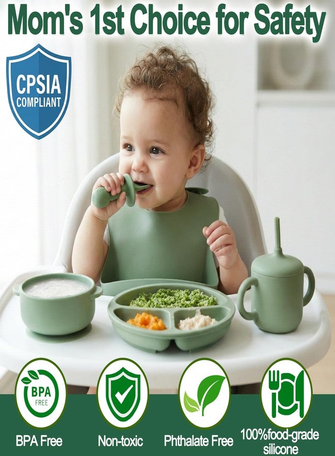 Bufims Silicone Baby Feeding Set, Baby Led Weaning Supplies, Eating Essentials Utensils with Suction Plate and Bowl, Pocket Bib, Sippy Cup with Lid, Forks Spoons Snack Container, for 6+ Months, Green - Image 2