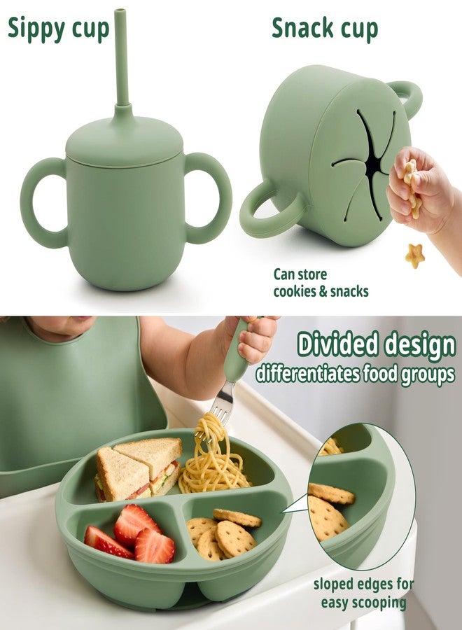 Bufims Silicone Baby Feeding Set, Baby Led Weaning Supplies, Eating Essentials Utensils with Suction Plate and Bowl, Pocket Bib, Sippy Cup with Lid, Forks Spoons Snack Container, for 6+ Months, Green - Image 5