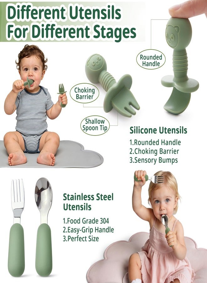 Bufims Silicone Baby Feeding Set, Baby Led Weaning Supplies, Eating Essentials Utensils with Suction Plate and Bowl, Pocket Bib, Sippy Cup with Lid, Forks Spoons Snack Container, for 6+ Months, Green - Image 4