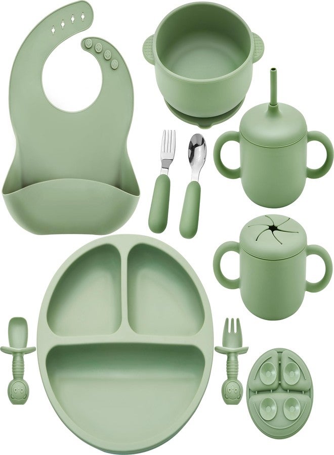Bufims Silicone Baby Feeding Set, Baby Led Weaning Supplies, Eating Essentials Utensils with Suction Plate and Bowl, Pocket Bib, Sippy Cup with Lid, Forks Spoons Snack Container, for 6+ Months, Green - Image 1