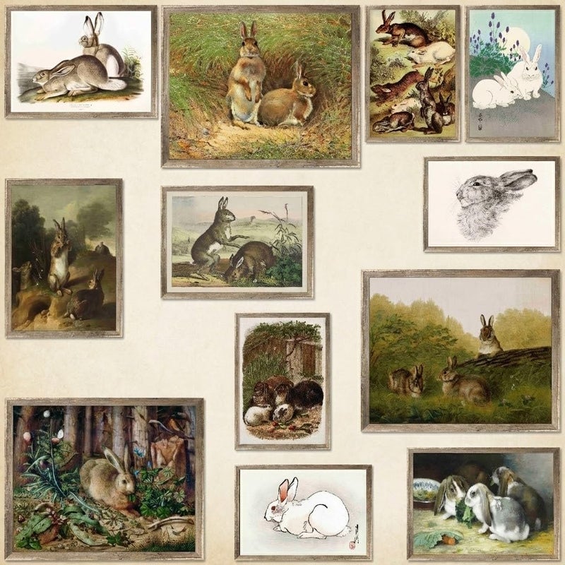 LANCHI95 12 PCS Bunny Easter Wall Art, Vintage Rabbit Art Print, Bunny Pictures Wall Decor, Rabbit Art, Decorative paintings for Easter (UNFRAMED) - Image 1