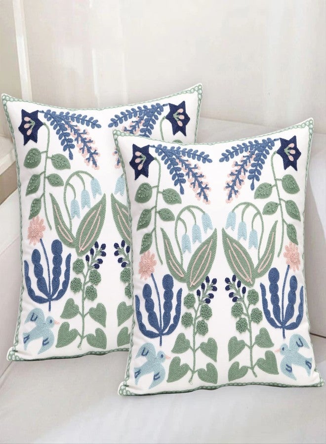 Pilmandu Pack of 2 Embroidered Decorative Throw Pillow Cover 18x18 Inch Farmhouse Floral Pillowcase for Living Room Sofa Bed (Bird Flower) - Image 2