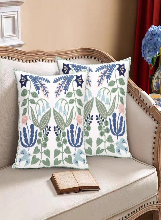 Pilmandu Pack of 2 Embroidered Decorative Throw Pillow Cover 18x18 Inch Farmhouse Floral Pillowcase for Living Room Sofa Bed (Bird Flower) - Image 3