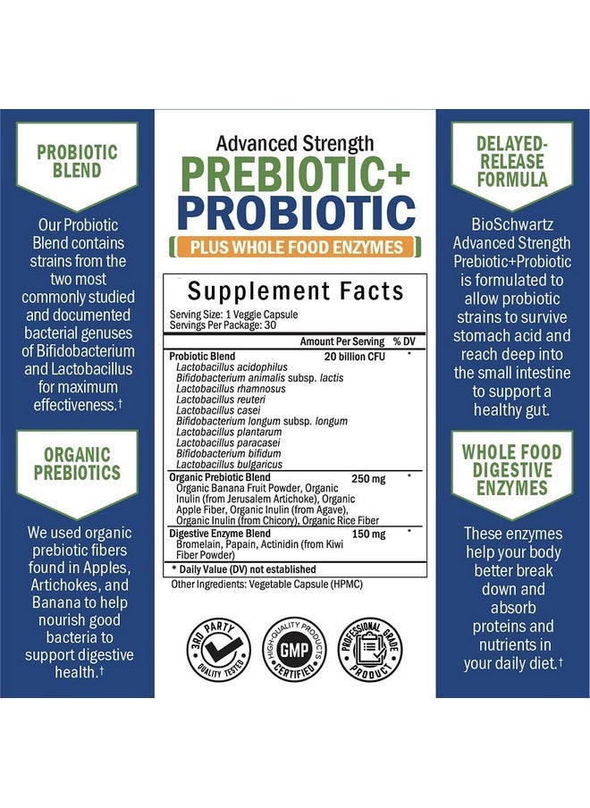 BioSchwartz - Prebiotics And Probiotic With Whole Food Enzymes For Adults Women & Men Probiotics Lactobacillus Acidophilus Digestive Health Capsules Shelf Stable Supplement Nongmo Gluten & Dairy Free 30Ct - Image 1
