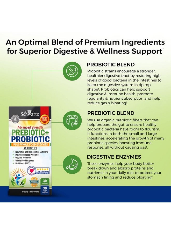 BioSchwartz - Prebiotics And Probiotic With Whole Food Enzymes For Adults Women & Men Probiotics Lactobacillus Acidophilus Digestive Health Capsules Shelf Stable Supplement Nongmo Gluten & Dairy Free 30Ct - Image 1