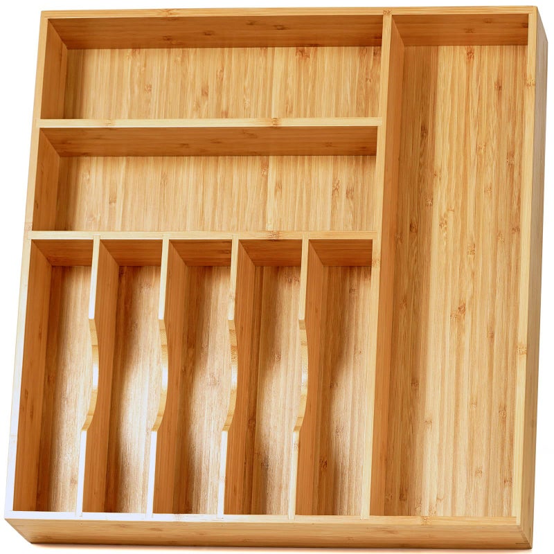 Umilife Large Kitchen Drawer Organizer, 19"x20" Silverware Utensils Organizer, 2.5" High for Large Deep Drawers, Bamboo Flatware Holder with Thick Frames, Sturdy Kitchen Organization Tray - Image 1