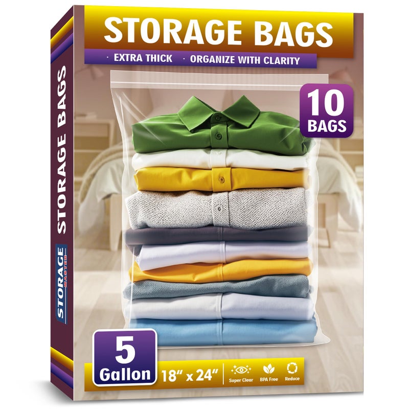 STORAGE MASTER Extra Large 5 Gallon Zippered Plastic Bags for Storage- 18'' x 24'', Ideal for Clothes Clothing, Travel, Moving, 2-mil Thick Clear Plastic, 10 pack - Image 1