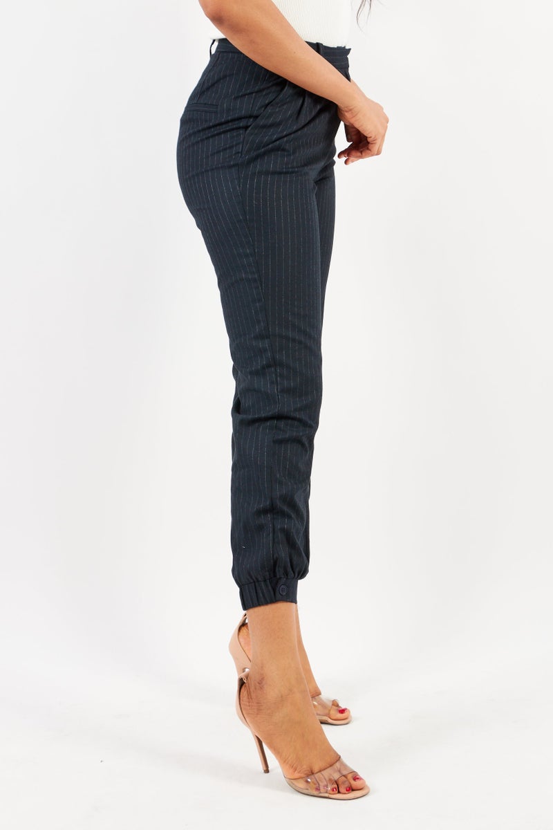 ESPRIT بنطلون نسائي عادي مناسب بخصر مرتفع مخطط قابل للتمدد، أزرق Navy - Image 3