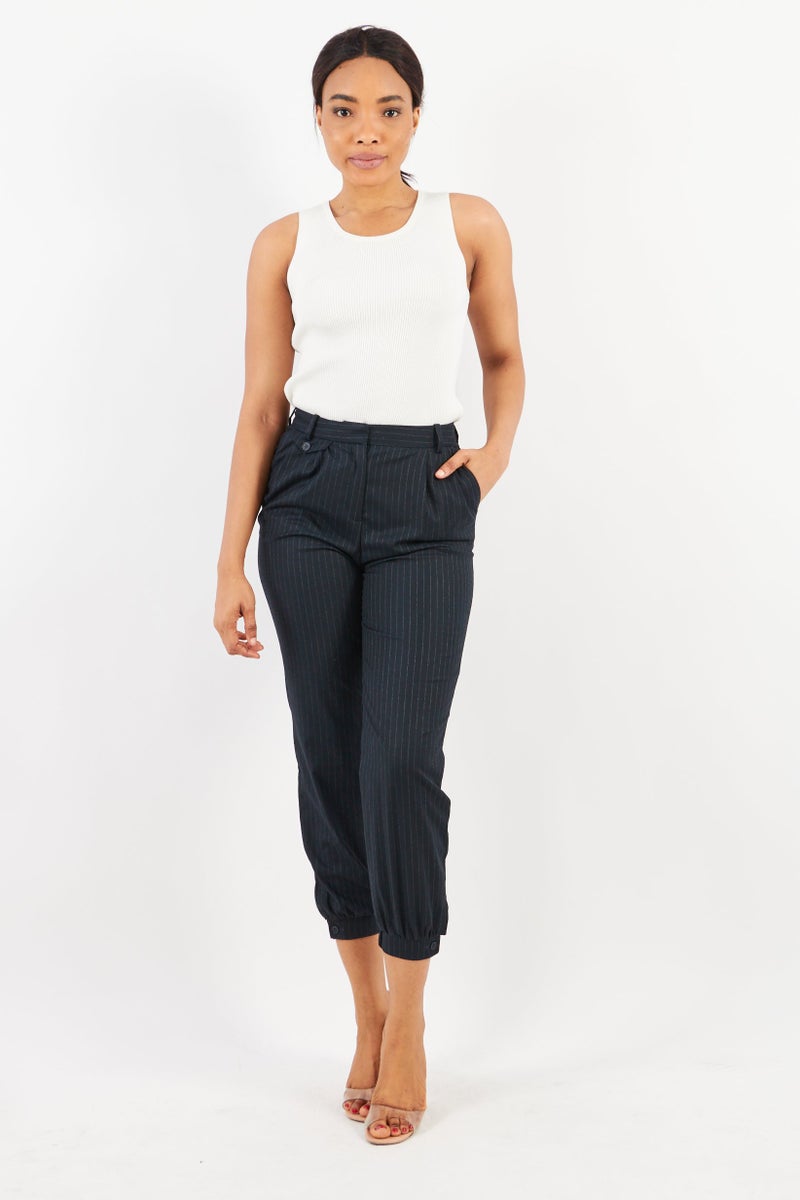 ESPRIT بنطلون نسائي عادي مناسب بخصر مرتفع مخطط قابل للتمدد، أزرق Navy - Image 2