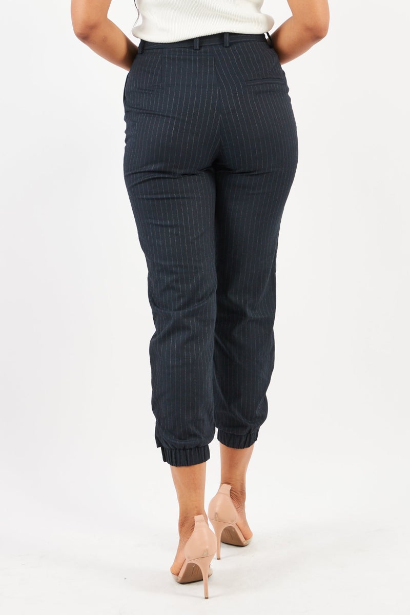 ESPRIT بنطلون نسائي عادي مناسب بخصر مرتفع مخطط قابل للتمدد، أزرق Navy - Image 4