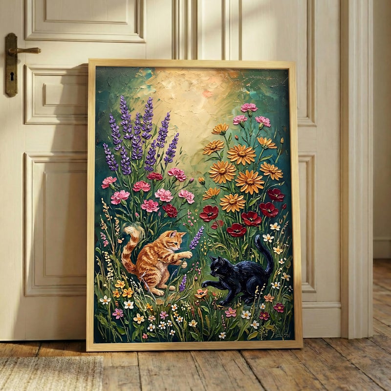 TNESSENTIAL Impasto Floral Cat Print – Playful Cats Wall Art, Textured Wildflower Poster, Orange Tabby Black Cat, Vintage Flower Meadow, Cottagecore - Image 1