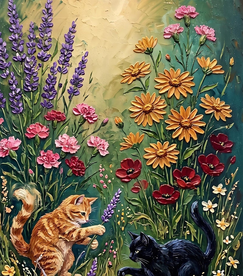 TNESSENTIAL Impasto Floral Cat Print – Playful Cats Wall Art, Textured Wildflower Poster, Orange Tabby Black Cat, Vintage Flower Meadow, Cottagecore - Image 2