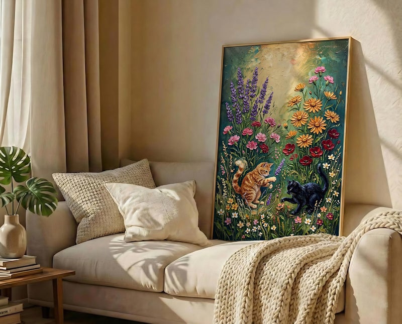 TNESSENTIAL Impasto Floral Cat Print – Playful Cats Wall Art, Textured Wildflower Poster, Orange Tabby Black Cat, Vintage Flower Meadow, Cottagecore - Image 3