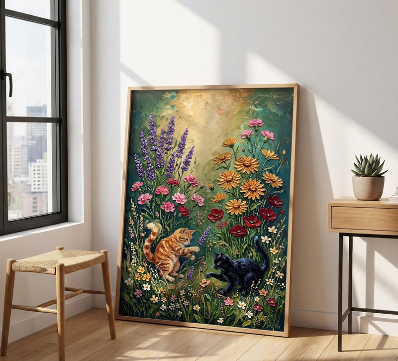 TNESSENTIAL Impasto Floral Cat Print – Playful Cats Wall Art, Textured Wildflower Poster, Orange Tabby Black Cat, Vintage Flower Meadow, Cottagecore - Image 4