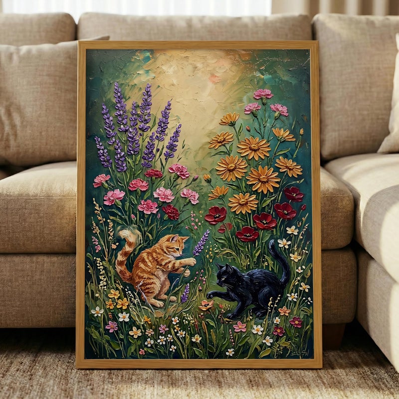 TNESSENTIAL Impasto Floral Cat Print – Playful Cats Wall Art, Textured Wildflower Poster, Orange Tabby Black Cat, Vintage Flower Meadow, Cottagecore - Image 5