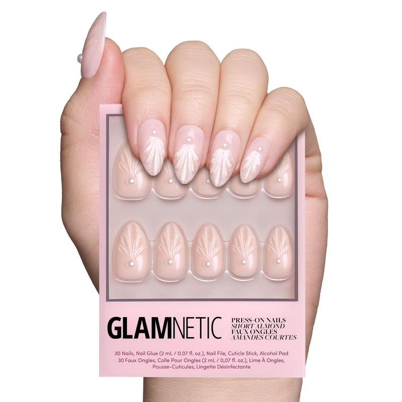 Glamnetic Press On Nails - Honeymoon | Short Almond Nude Fake Nails with 3D Nail Art and Glossy Velvet Finish, Salon Quality | 15 Sizes - 30 Nail Kit with Glue - Image 1