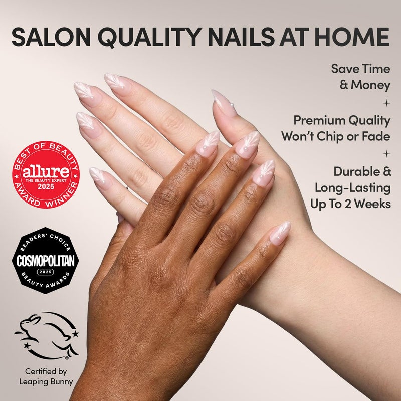 Glamnetic Press On Nails - Honeymoon | Short Almond Nude Fake Nails with 3D Nail Art and Glossy Velvet Finish, Salon Quality | 15 Sizes - 30 Nail Kit with Glue - Image 2