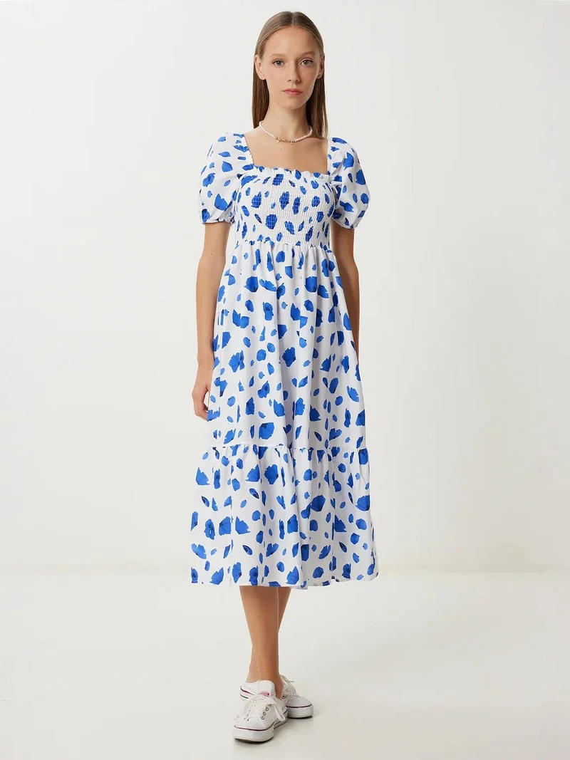 السعادة في إسطنبول ISTANBUL Frilly Abstract Print A-Line Midi Dress with Square Collar