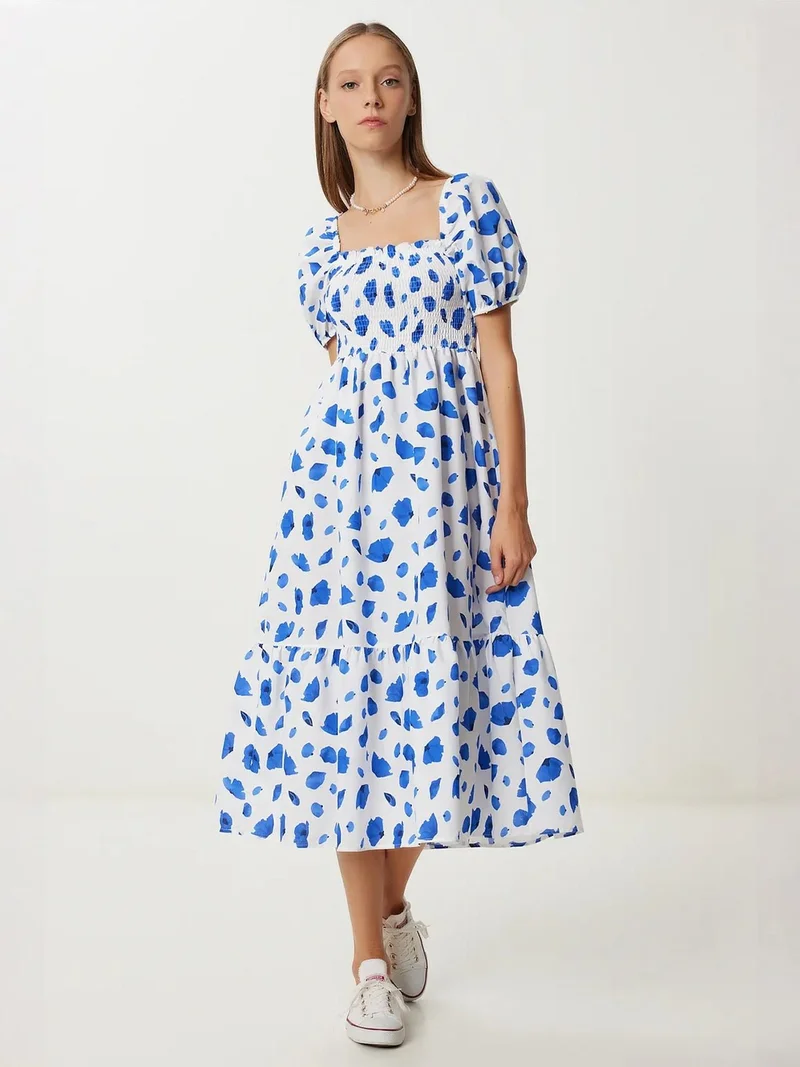 السعادة في إسطنبول ISTANBUL Frilly Abstract Print A-Line Midi Dress with Square Collar