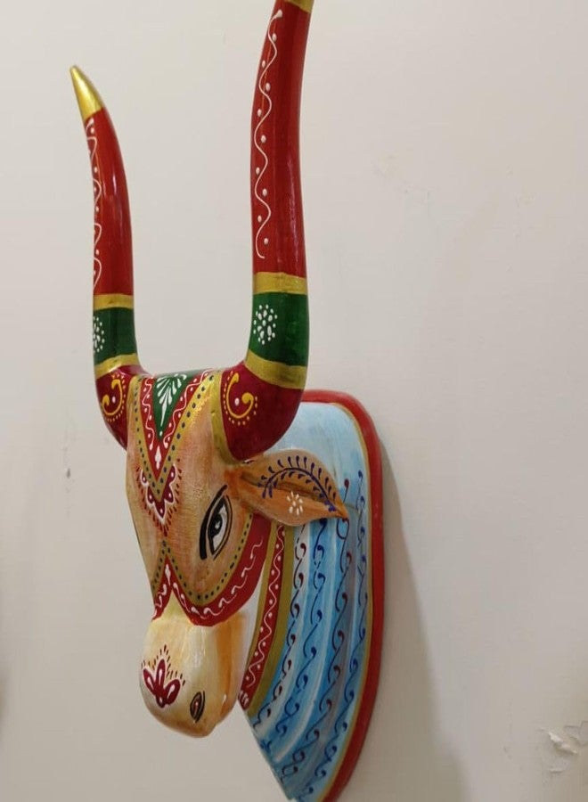 OVIK - Hand Painted Wooden Cow Head Wall Hanging Nandi Bull Wall Decor for Home, Living Room, Entrance | Ethnic Spiritual Art Sculpture (8x7x18 Inch) - Image 5