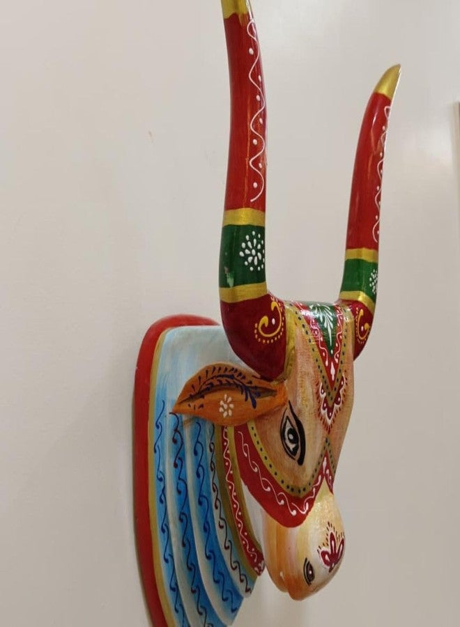 OVIK - Hand Painted Wooden Cow Head Wall Hanging Nandi Bull Wall Decor for Home, Living Room, Entrance | Ethnic Spiritual Art Sculpture (8x7x18 Inch) - Image 2