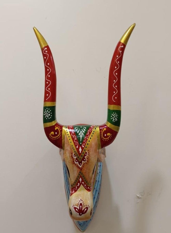 OVIK - Hand Painted Wooden Cow Head Wall Hanging Nandi Bull Wall Decor for Home, Living Room, Entrance | Ethnic Spiritual Art Sculpture (8x7x18 Inch) - Image 3