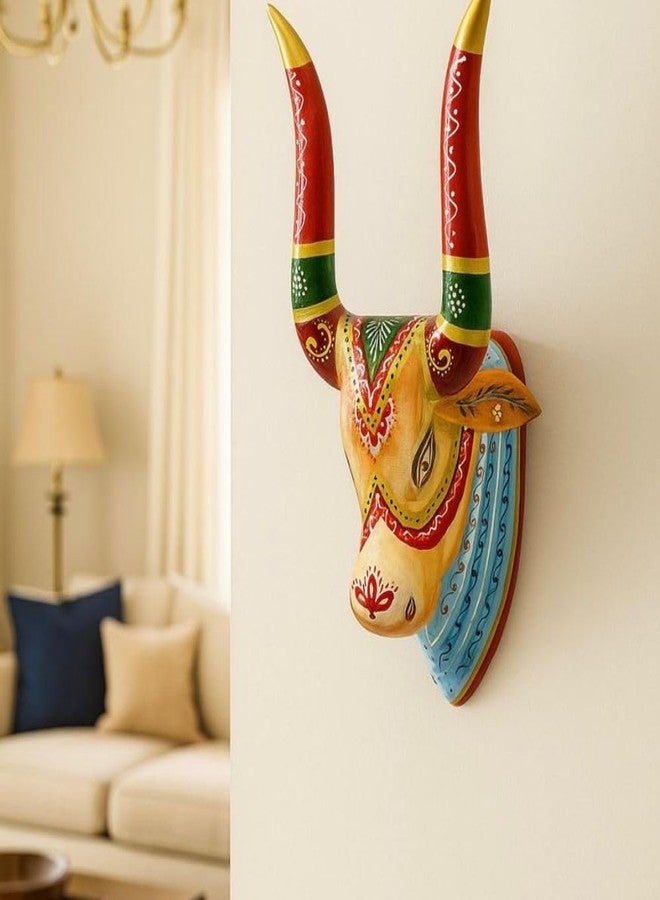 OVIK - Hand Painted Wooden Cow Head Wall Hanging Nandi Bull Wall Decor for Home, Living Room, Entrance | Ethnic Spiritual Art Sculpture (8x7x18 Inch) - Image 1