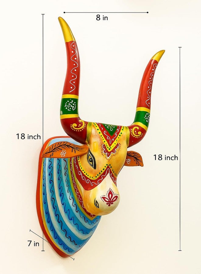 OVIK - Hand Painted Wooden Cow Head Wall Hanging Nandi Bull Wall Decor for Home, Living Room, Entrance | Ethnic Spiritual Art Sculpture (8x7x18 Inch) - Image 4