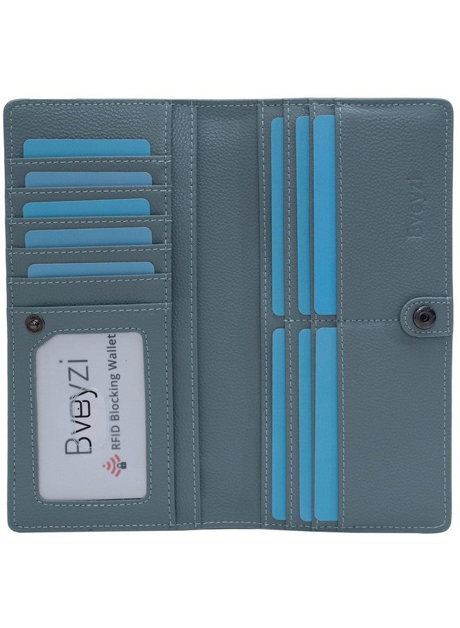 Bveyzi Ultra Slim Thin Leather Rfid Blocking Credit Card Holder Bifold Clutch Wallets For Women (Blue Grey) - Image 1