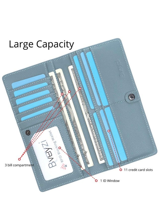 Bveyzi Ultra Slim Thin Leather Rfid Blocking Credit Card Holder Bifold Clutch Wallets For Women (Blue Grey) - Image 3
