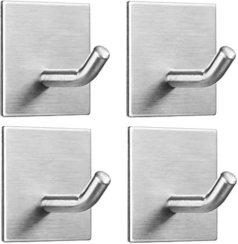 Generic Heavy Duty Adhesive Hooks, 4 Pack Silver Stainless Steel, Modern Wall Mount Storage Hooks for Kitchen Bathroom Home Door Towel Coat Key Robe