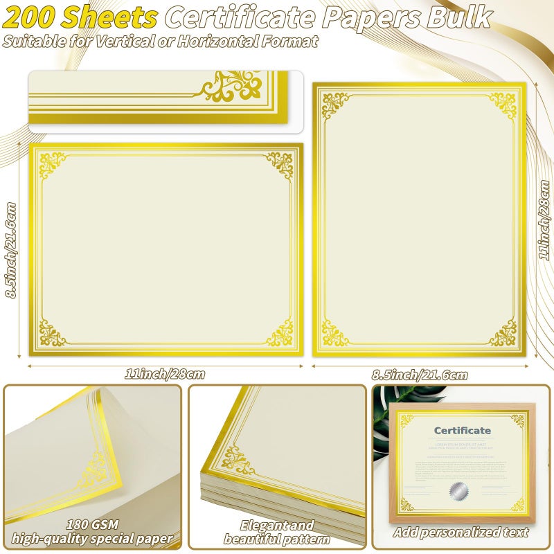 UZLU 200 Sheet Gold Foil Award Certificate Paper Bulk 8.5 x 11 in for Printing Customizable Blank Cardstock Gold Border Certificate Laser and Inkjet Printer Friendly for Graduation Diploma Achievement - Image 2