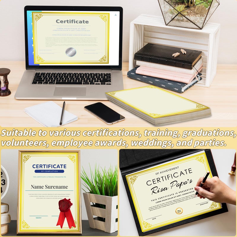 UZLU 200 Sheet Gold Foil Award Certificate Paper Bulk 8.5 x 11 in for Printing Customizable Blank Cardstock Gold Border Certificate Laser and Inkjet Printer Friendly for Graduation Diploma Achievement - Image 3