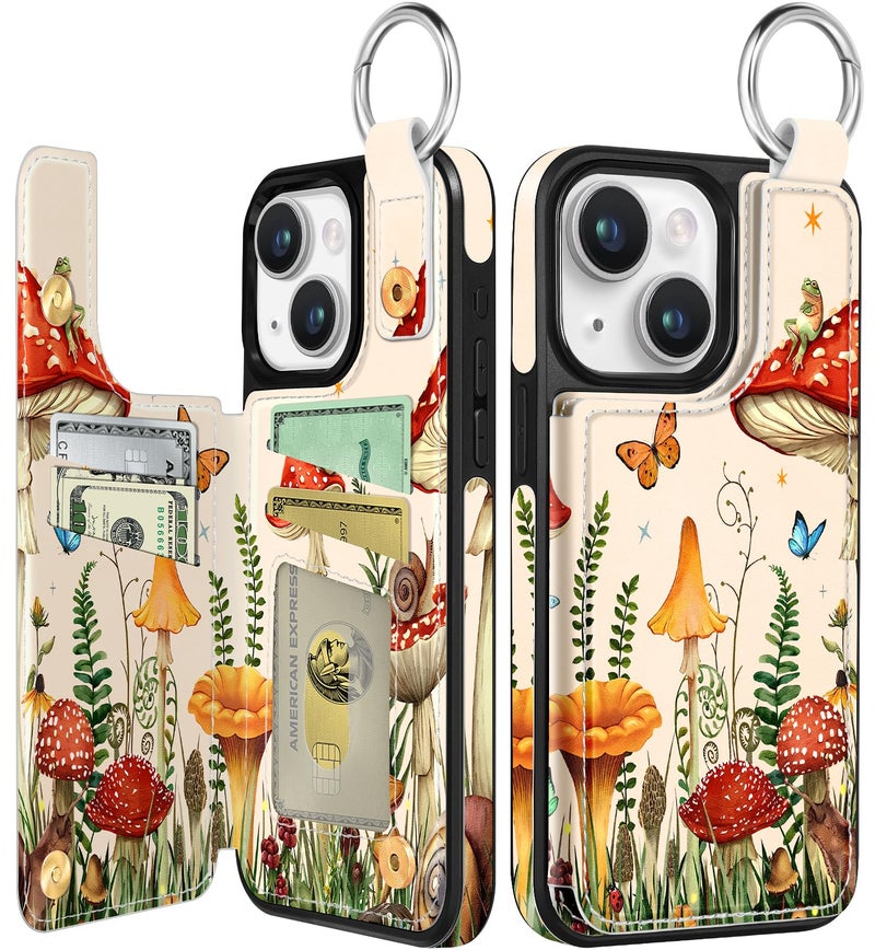 Shorogyt Compatible with iPhone 14 Wallet Case with Card Holder - Designer Mushroom Frog Pattern Kickstand Magnetic Clasp Back Flip Folio Leather Phone Covers for Women Men Girls - Image 1