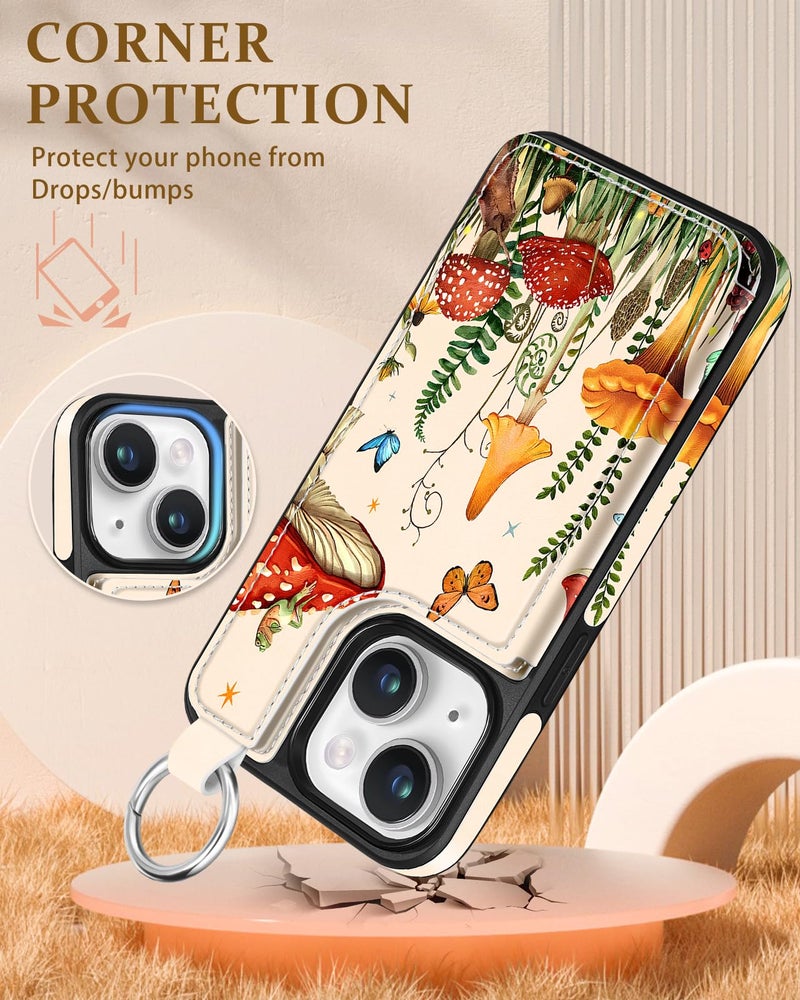 Shorogyt Compatible with iPhone 14 Wallet Case with Card Holder - Designer Mushroom Frog Pattern Kickstand Magnetic Clasp Back Flip Folio Leather Phone Covers for Women Men Girls - Image 4