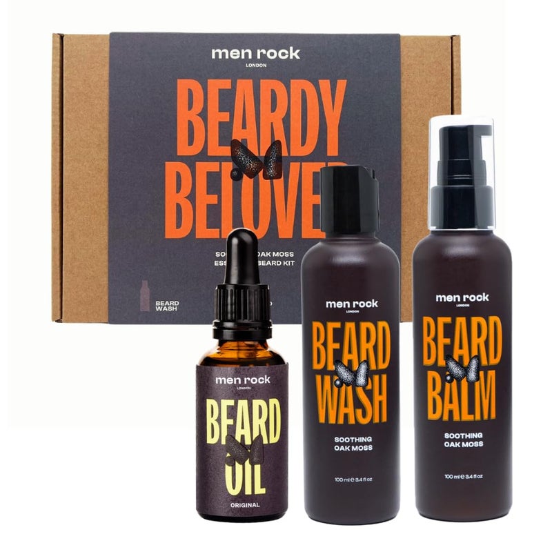 Men Rock Beardy Beloved Soothing Essential Beard Kit - Oak Moss - Beard Oil, Balm and Wash - Mens Face Care - Skincare Products for Men - 3 Pc - Image 1