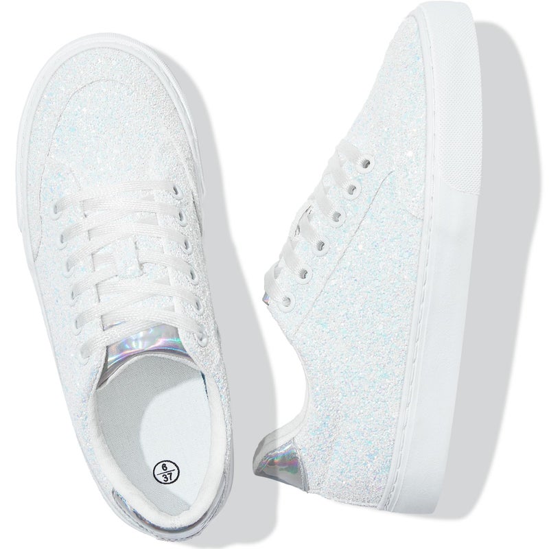 Jeekopeg Glitter Sparkly Fashion Sneakers Shiny Casual Shoes Bling Sequin Concert Low Cut Lace up Shoes(White Glitter,13 Women/11 Men) - Image 4