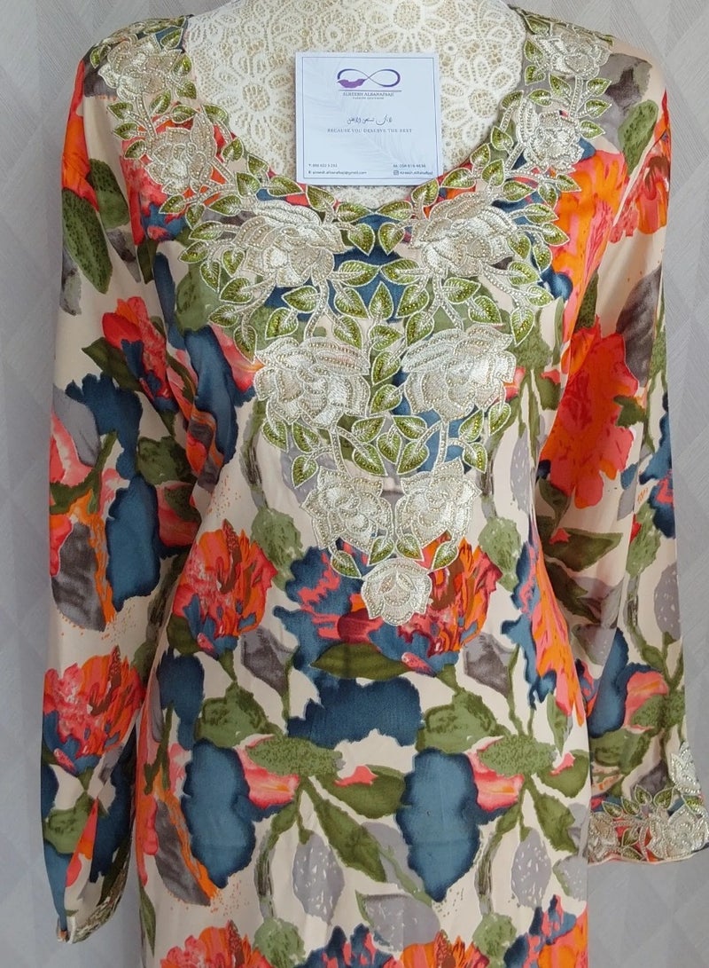 ALREESH ALBANAFSAJI DRESS ORANGE WITH GREEN