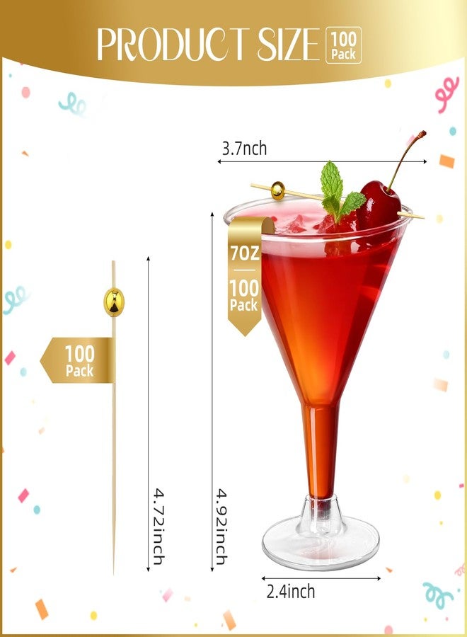 RYTOXILO 100 PCS Plastic Martini Glasses Disposable, 7oz Clear Martini Plastic Glasses with Cocktail Picks, Unbreakable Mini Cocktail Cups for Weddings Party - Image 2