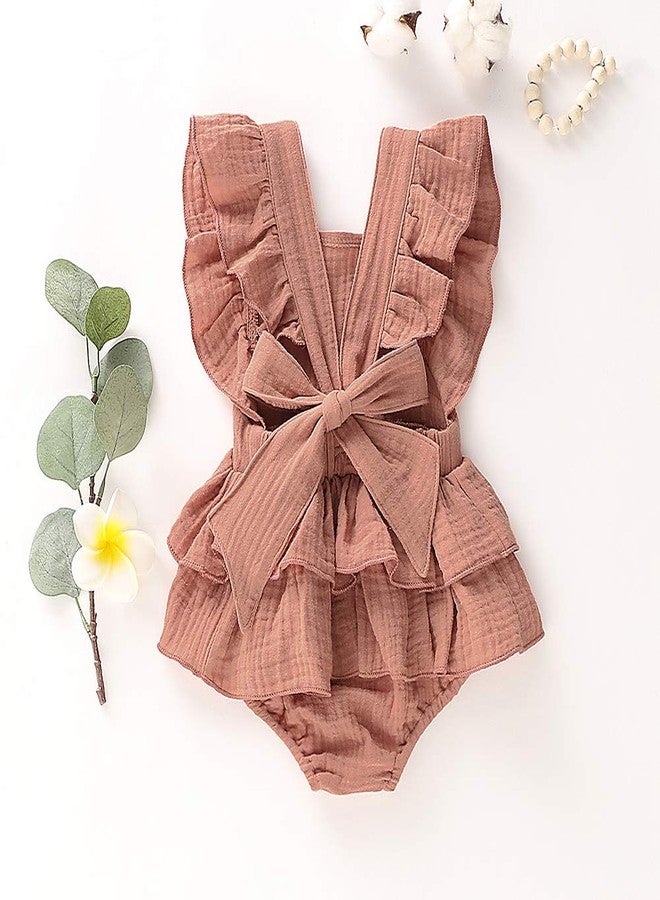Douhoow Newborn Baby Girls Ruffle Romper Jumpsuit Bodysuit Baby Girl Summer Clothes Outifits (Khaki, 3-6 Months) - Image 2