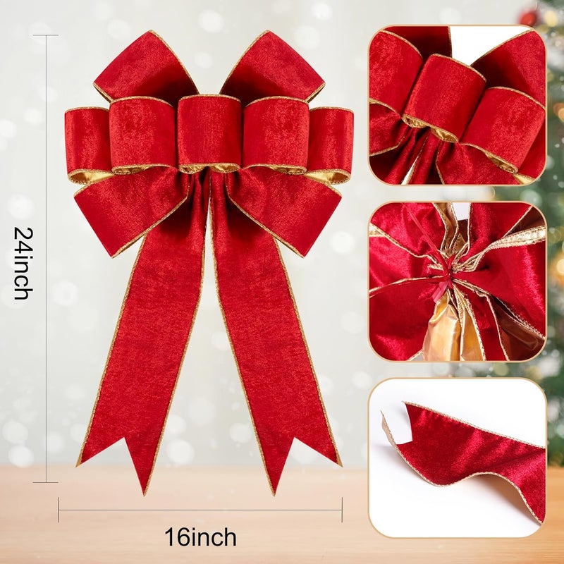Utehilly 2pcs Large Christmas Bows Velvet Red Bows Holiday Red Christmas Bows Decorations for Wreath Velvet Bows Decor for Christmas Tree Topper, Front Door, Outdoor(24 * 16 inch) - Image 2