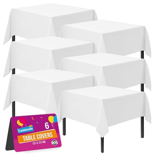 SOL 6pk White Table Cloth Party 121x121cm Plastic Cover Tablecloth Disposable for Parties  Heavy Duty Spill Protection  Opaque Design for Weddings Buffets Catering Gender Reveals  Events
