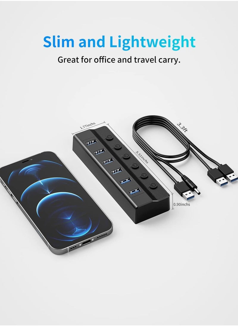 Generic - 6-Port USB 3.0 Hub, USB Splitter for Laptop with Individual On/Off Switches and Light, 3ft Long Cord, USB Port Hub Extension for PC and Computer[Multiple USB Port] 6 USB data transfer ports make it ve - Image 1