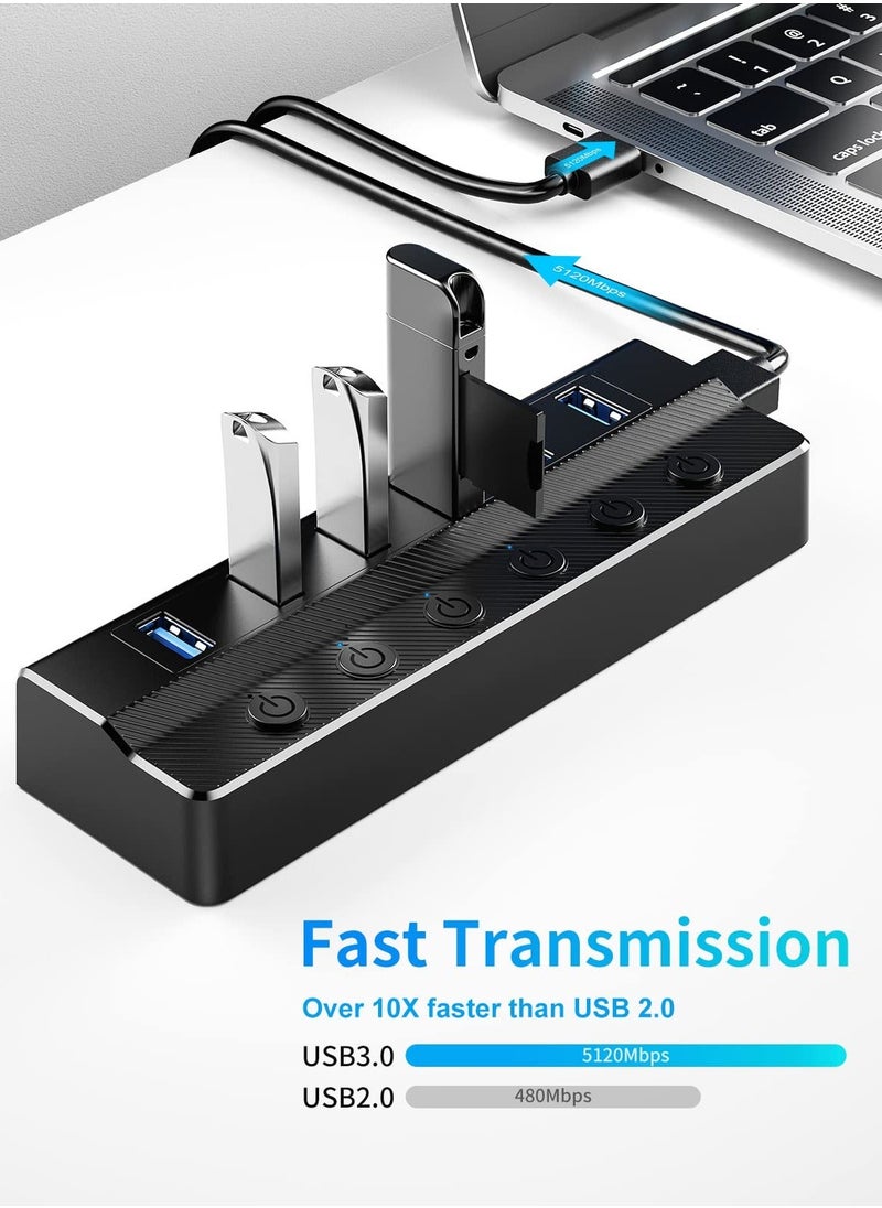 Generic - 6-Port USB 3.0 Hub, USB Splitter for Laptop with Individual On/Off Switches and Light, 3ft Long Cord, USB Port Hub Extension for PC and Computer[Multiple USB Port] 6 USB data transfer ports make it ve - Image 1