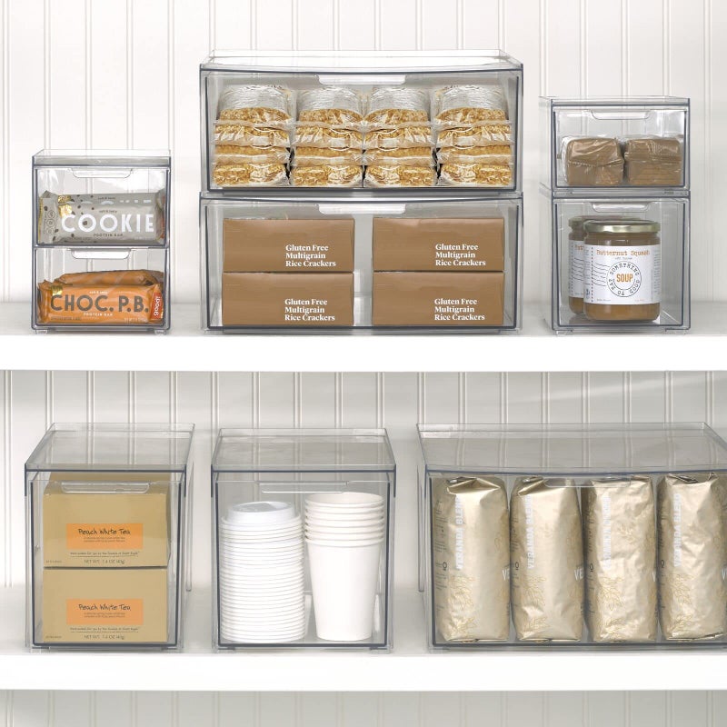mDesign Stackable Storage Containers Box with 2 Pull-Out Drawers - Stacking Plastic Drawer Bins for Kitchen Pantry and Cupboard, Cabinet, Counter, Island and Tables - Lumiere Collection - Clear - Image 2