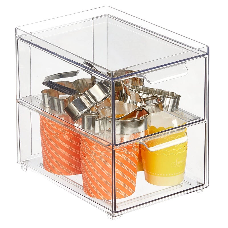mDesign Stackable Storage Containers Box with 2 Pull-Out Drawers - Stacking Plastic Drawer Bins for Kitchen Pantry and Cupboard, Cabinet, Counter, Island and Tables - Lumiere Collection - Clear - Image 1