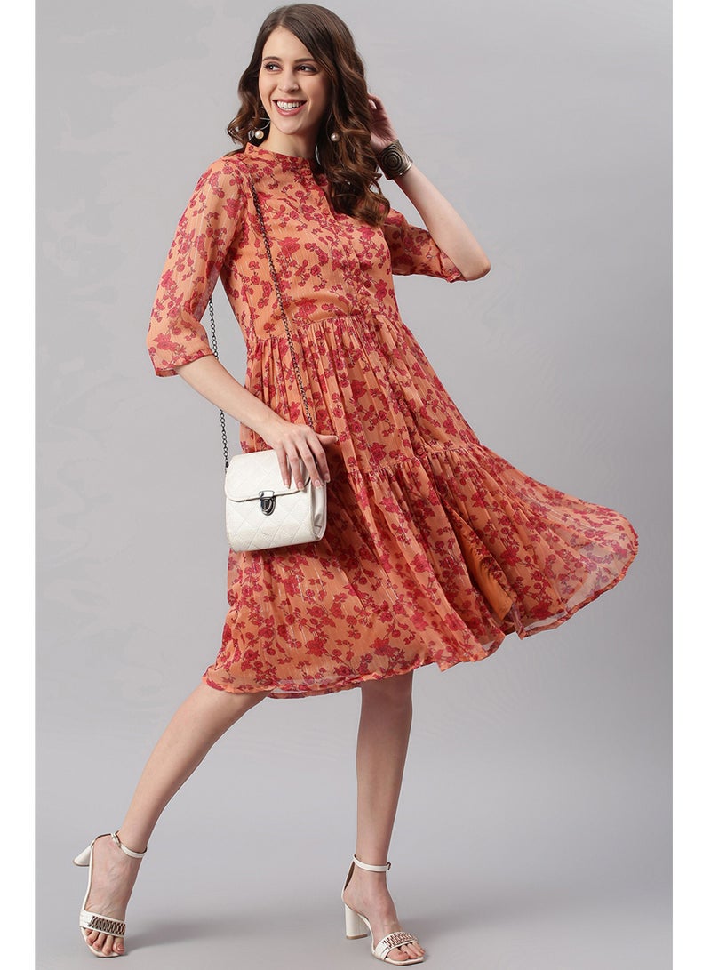 IndHeritage Premium Dress - Latest dress collection - Beautiful georgette orange colour mid calf length dress with floral prints - Stylish trending Indo Western Dress - Image 1