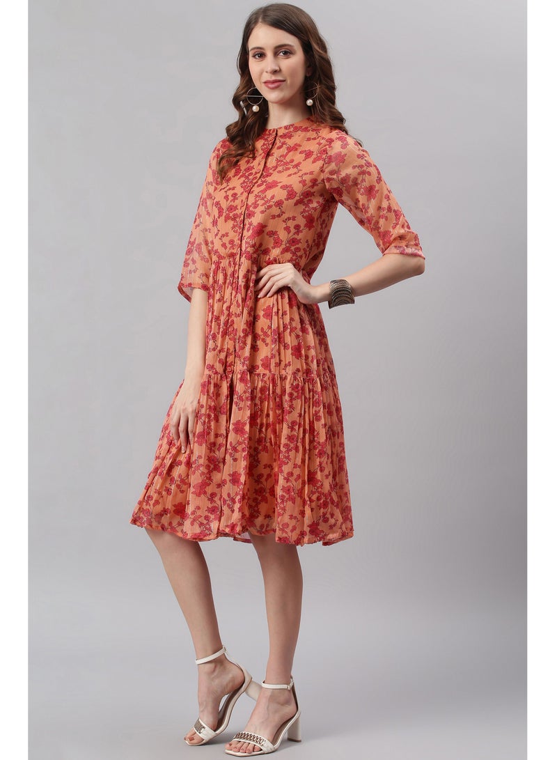 IndHeritage Premium Dress - Latest dress collection - Beautiful georgette orange colour mid calf length dress with floral prints - Stylish trending Indo Western Dress - Image 2